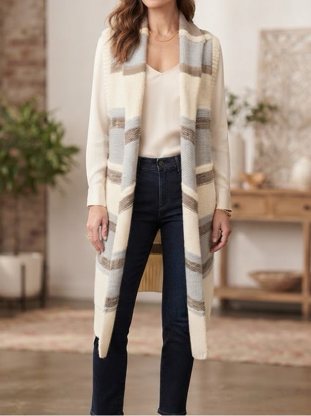 Chico's Striped Longline Open-Front Cardigan Vest